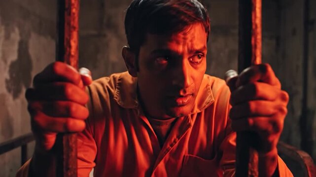 A man in an orange jumpsuit sits in a cell, behind bars, under ominous red lighting