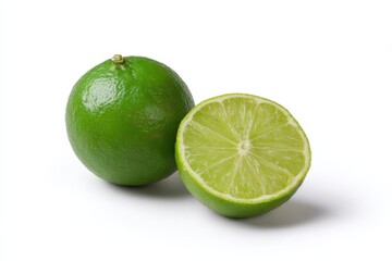 Fresh green lime whole and halved on white background