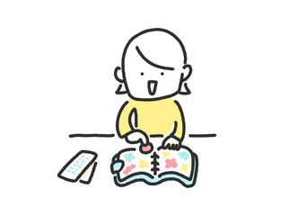 シール帳にシールを貼って楽しむ女性の手描きのかわいい線画イラスト