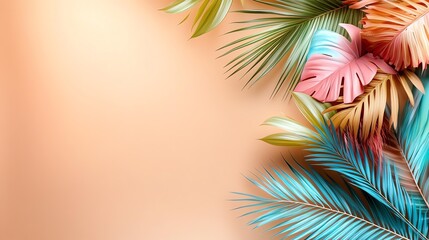 Vibrant tropical leaves on a pastel background.