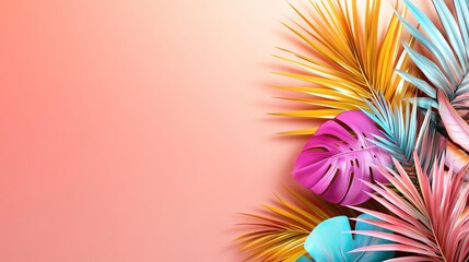 Vibrant tropical leaves on a pastel background.