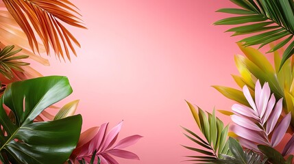 Vibrant tropical leaves on a pink background.