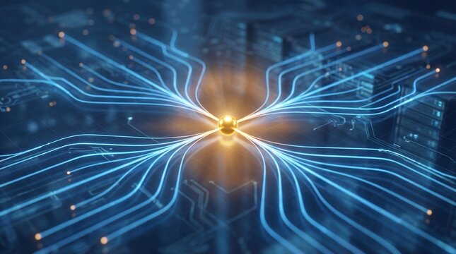 Glowing golden microchip core with blue circuit board traces and bokeh light effect for technology banner or website background