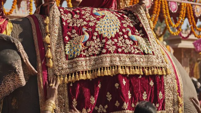 Majestic Elephant adorned with ornate gold and deep red embroidered tapestry featuring peacock motifs participates in a vibrant daytime procession under bright sunlight surrounded by onlookers and