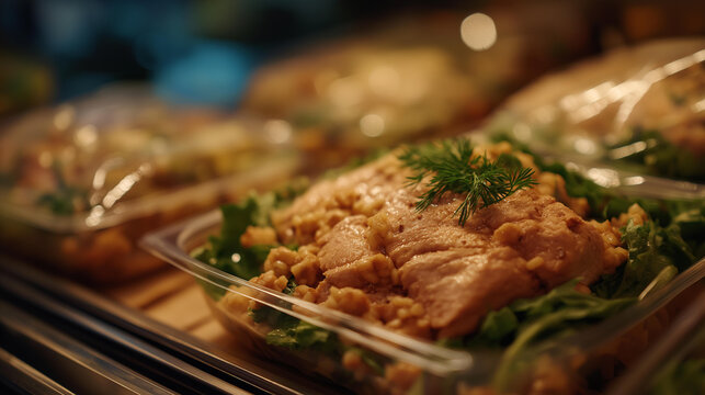 Sealed bags filled with pre-packaged meal kits positioned in a grocery store aisle, appealing to busy individuals and families seeking convenient cooking solutions without compromising on quality