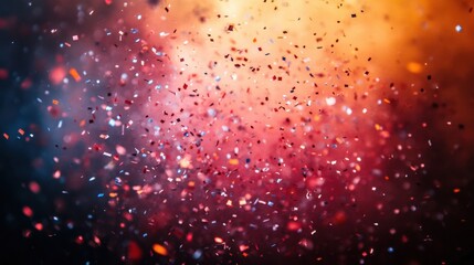 Multicolored confetti particles move across a gradient background, creating a dynamic visual effect.
