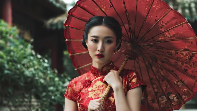 Woman holds red umbrella in traditional dress at garden during daylight with trees and stone structures in background