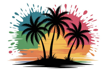 Obraz premium Silhouette of three palm trees on a small island against a vibrant, colorful sunset splash background, isolated on transparent background