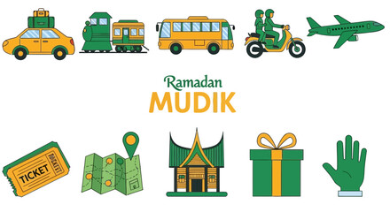 Obraz premium Icons related to Ramadan Mudik travel including transport map house gift and hand
