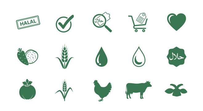 Green icons depicting halal certification food products and agriculture