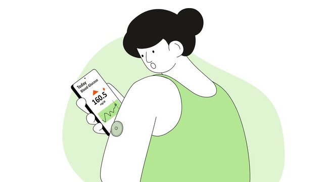 A woman monitors real-time blood glucose using a biosensor and smartphone app, minimalist cartoon flat style