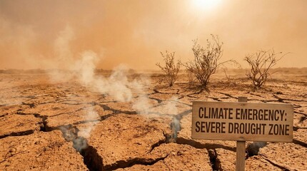 Severe drought zone warning sign on parched, barren land with dry trees and smoke, viewed from a distance, conveying climate emergency