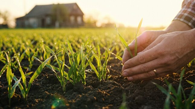 Farmer inspecting young green wheat plants in a fertile field with a country house in the background at sunrise from a low angle view