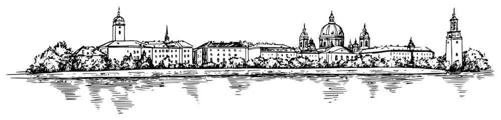 Venice lagoon panorama skyline with domes and towers black and white hand drawn cityscape vector illustration © Tomas