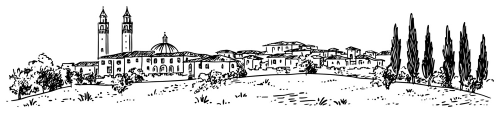 Tuscan countryside village line art illustration &ndash; hand drawn Italian hill town vector graphic