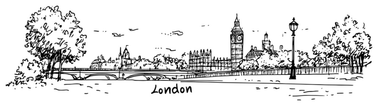 London skyline with big ben and westminster across river hand drawn cityscape vector illustration
