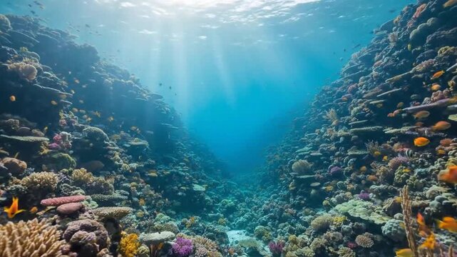 Colorful coral reef teeming with vibrant marine life illuminated by sunlight beneath the ocean surface