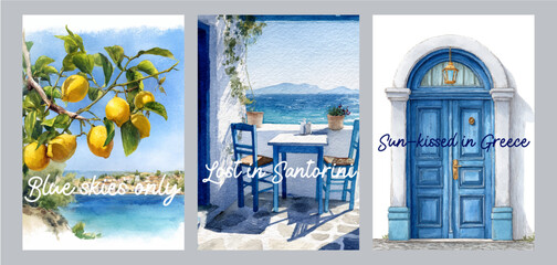 A collection of watercolor postcards depicting the Greek islands, showcasing the traditional architecture of Santorini, the cute streets and the Mediterranean Sea views, perfect for travel design. © Narin