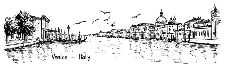 Venice canal waterfront skyline with domes and gondolas black and white hand drawn cityscape vector illustration © Tomas