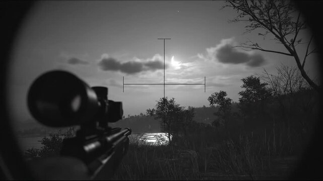 Sniper's view through a scope at a moonlit scene. Tall grass sways in the wind