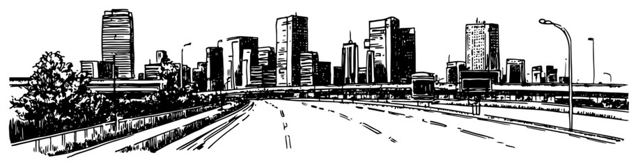 Urban freeway to city skyline line art illustration – hand drawn modern metropolis vector graphic © Tomas