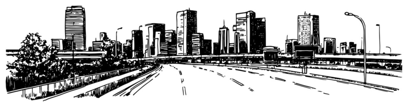 Urban freeway to city skyline line art illustration &ndash; hand drawn modern metropolis vector graphic