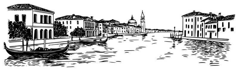 Venetian canal with gondolas line art illustration – hand drawn Italy waterway vector graphic © Tomas