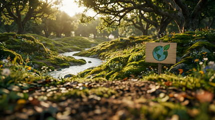 Green earth symbol sign in lush forest with flowing stream nature
