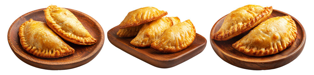Set of Fijian curry puffs or fried empanadas with spicy potato isolated on white background, Fiji takeaway and street foods