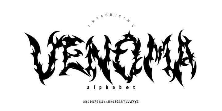 Venoma Font is An aggressive flame display font with sharp burning shapes, metal underground band designed for metal logos, streetwear, posters, and bold branding.
