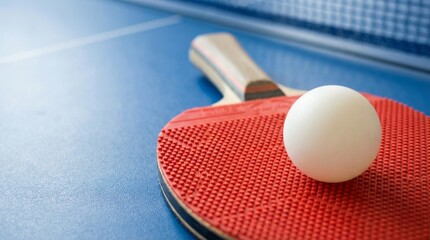 A close-up of a white ping pong ball on a red paddle on a blue table with a blurred net in the background.