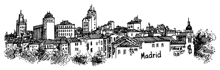 Obraz premium Madrid Historic and Modern Skyline Cityscape Panorama – Black and White Vector Illustration