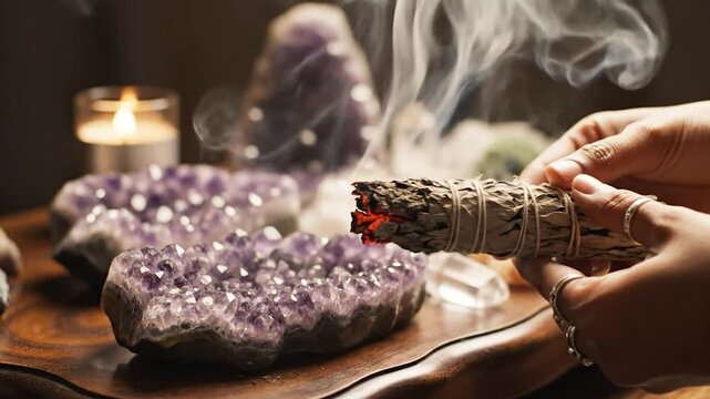 Hands hold a burning bundle of dried herbs, releasing fragrant smoke over amethyst crystals