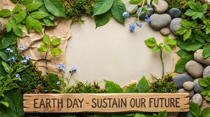 Green leaves and blue flowers frame for background with copy space moss stones crumpled paper