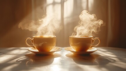 Two ceramic cups release steam onto a reflective surface in a warm, sepia-toned setting.