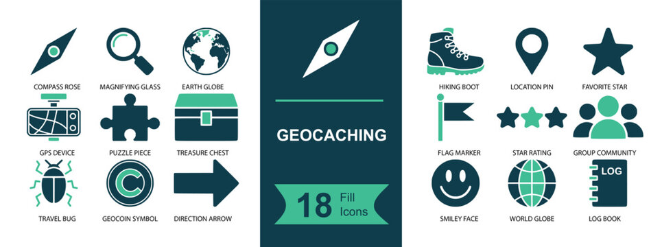 Geocaching icon set featuring compass, GPS navigation, world map, cache box, location pin, hiking boot, flag marker, logbook and related outdoor treasure-hunt symbols. Solid fill vector icons collecti