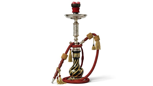 Elaborate hookah with intricate design and red and gold accents