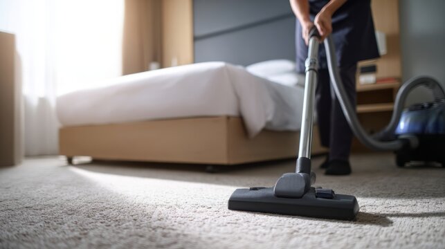 Housekeeper cleaning carpet with vacuum cleaner in hotel room. Professional maid service. Hospitality industry, hygiene, and maintenance concept.