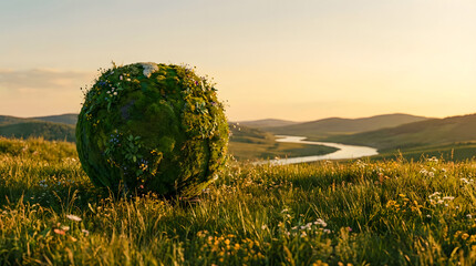 Green moss sphere with flowers in grassy field with river and hills