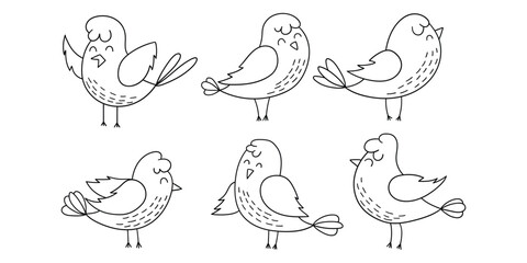 Hand-drawn doodle set of cute birds on a white background.