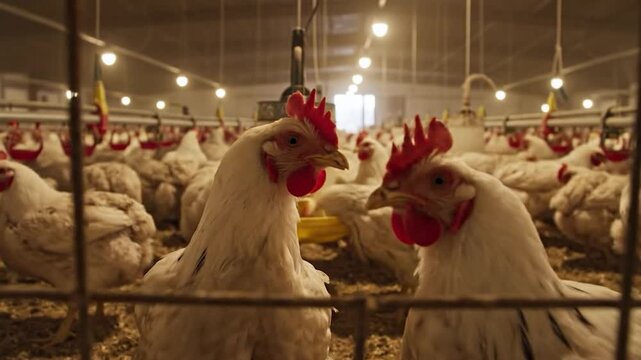 Interior view of a chicken farm, many white chickens in an industrial setting