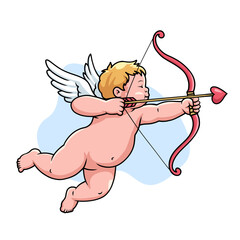 Obraz premium Flying Cupid Angel Shooting Love Arrow Cartoon Vector Illustration