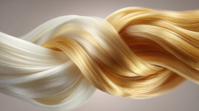 Split view of silky hair strands in contrasting tones, representing before and after cosmetic hair treatment, repair, and advanced beauty care solutions.