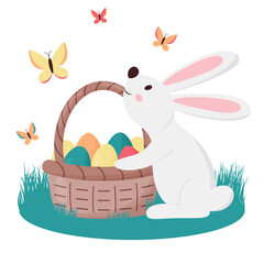 happy easter illustration with eggs and bunny