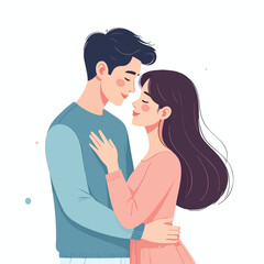 Obraz premium A tender moment between a young couple embracing, viewed from the side, with gentle affection and love