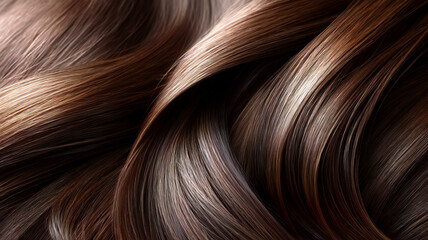 Naklejka premium Dark brown hair waves with deep shine, symbolizing luxury salon treatment and professional hair care expertise.