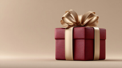 Obraz premium Elegant red gift box with gold ribbon on soft neutral background, symbolizing luxury gifts, celebrations, holidays, and premium packaging design.