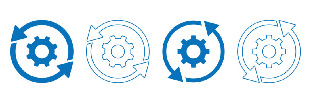 Sync process and workflow icon set. Cycle icons representing refresh process gears. Blue line and solid icons.