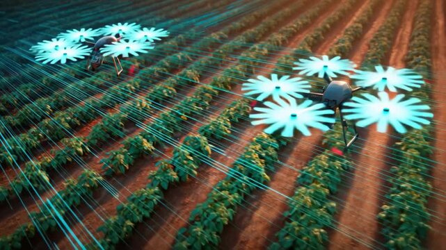 Agricultural drones in the Field: Modern agricultural innovation. A group of futuristic drones, equipped with glowing technology.