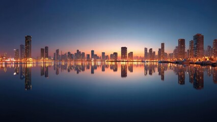 Obraz premium City skyline along the waterfront at dusk, lights reflecting on calm water. Concept Cityscape, Waterfront, Dusk, Reflections, Night Lights